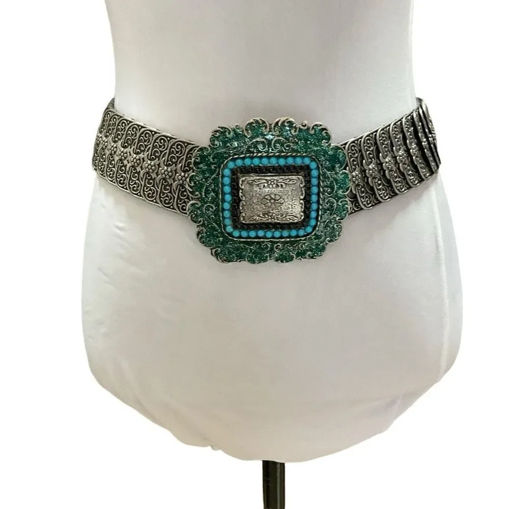 Vintage Belt Rocker Biker Large Ornate Buckle Pewter Toned Floral Turquoise 30”